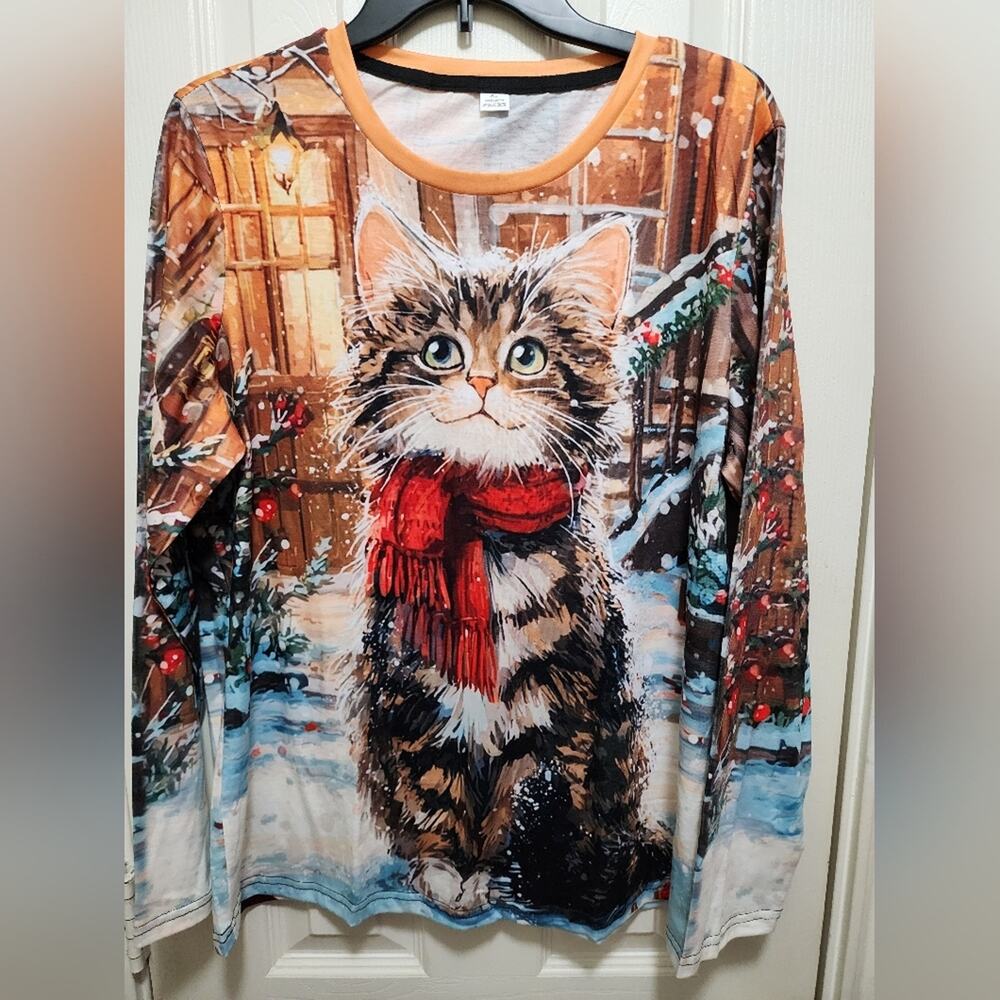 Cozy Cat Print Sweater with Red Scarf
